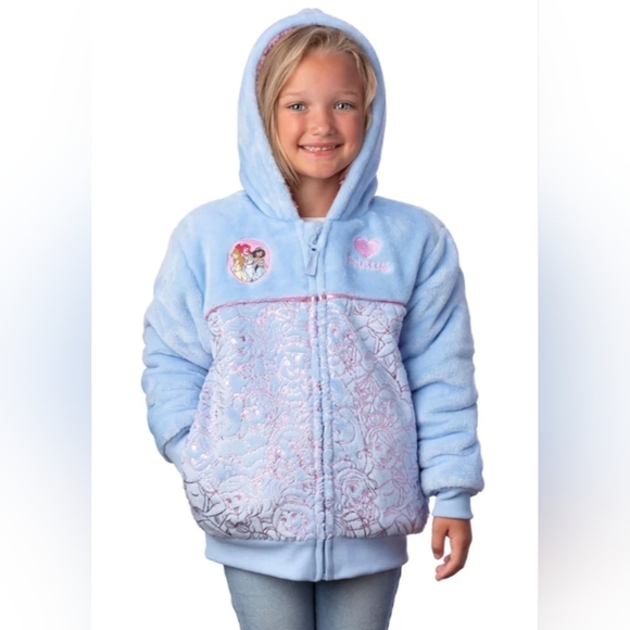 New! Kids' Disney Princess Blue Toddler Girls Zipper Plush Hoodie Pockets Size 5 - Picture 3 of 5